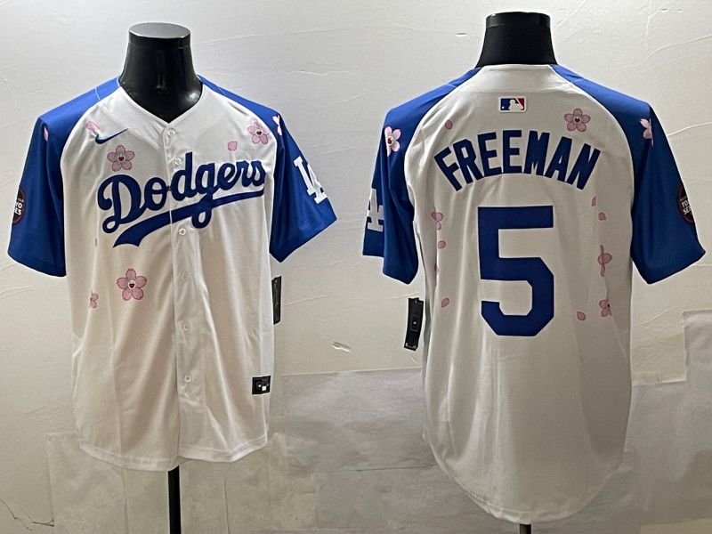 Men Los Angeles Dodgers 5 Freeman White Blue Sakura Edition 2025 Nike MLB Jersey style 1